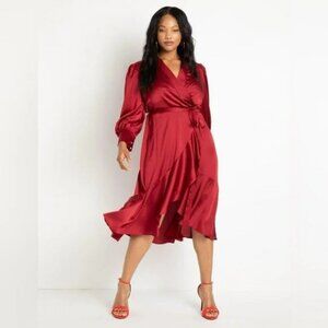 ELOQUII Satin Bishop Sleeve Wrap Dress Sz 16 Pearl Buttons on Sleeves Ruffle Hem